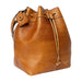 Genuine leather knitting bucket bag in burned tan and gold with adjustable strap and drawstring.