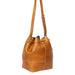 Genuine leather knitting bag in burned tan with gold accents, featuring handcrafted design, adjustable strap, and multiple pockets.