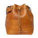 Leather bucket bag in burned tan with gold accents, ideal knitting bag with adjustable strap and pockets.
