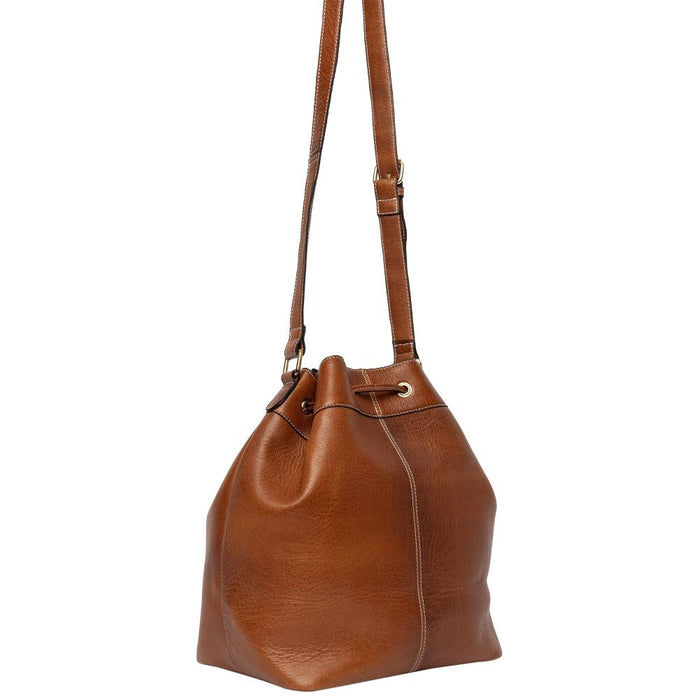 Knitting bag made of walnut-colored genuine leather with adjustable strap and drawstring.