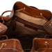 Genuine leather knitting bucket bag in walnut with zip and open pockets, leather drawstring, and adjustable strap.