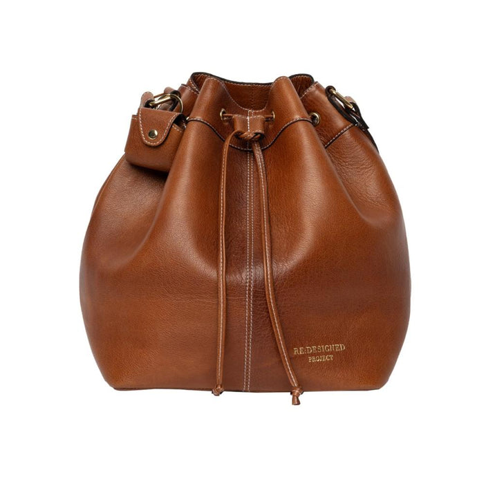 Genuine leather walnut bucket bag with drawstring, ideal for knitting projects.