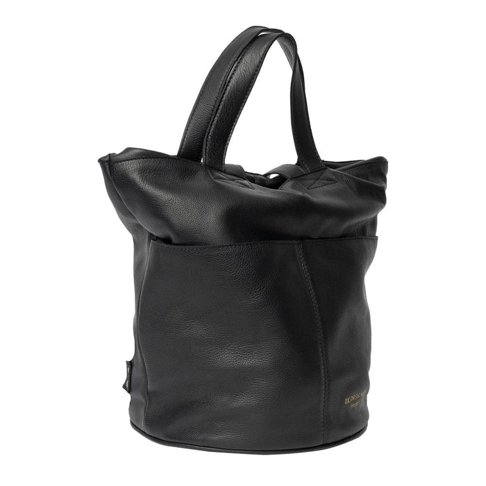 Black leather Project 24 backpack for knitting, featuring multiple pockets and spacious design.