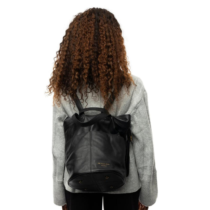 Black leather Project Backpack for knitting, with multiple pockets for organization.