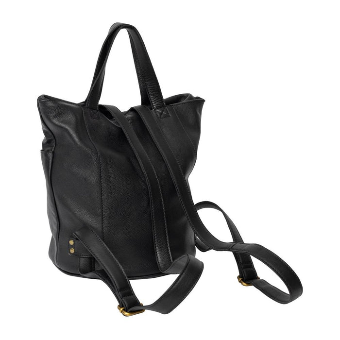 Black leather Project 24 backpack for knitters with multiple pockets and handcrafted design.