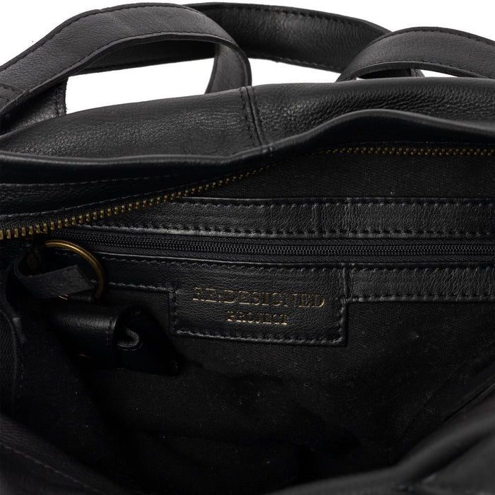 Black leather Project 24 knitting backpack with multiple pockets and spacious interior for stylish organization.