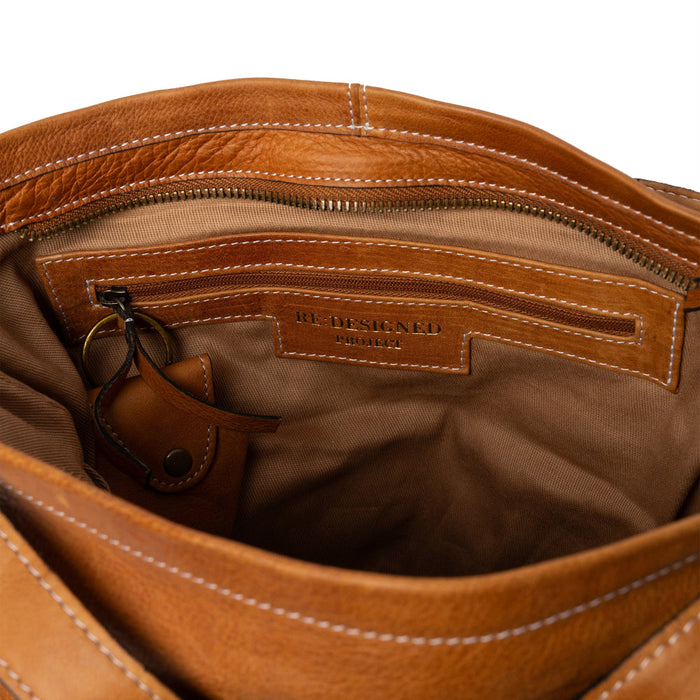 Burned tan leather Project 24 Backpack with spacious compartments and pockets for knitting essentials.