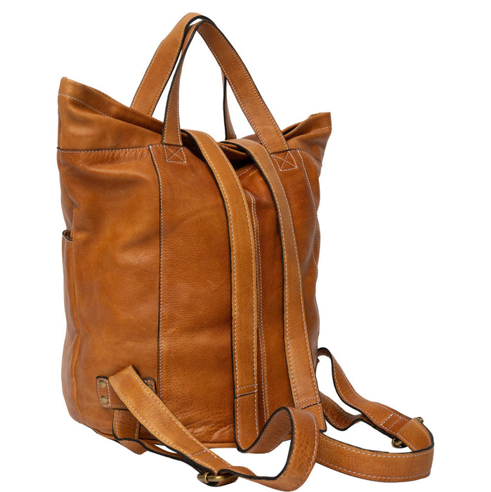 Burned tan leather Project 24 Backpack with multiple pockets for knitting accessories.