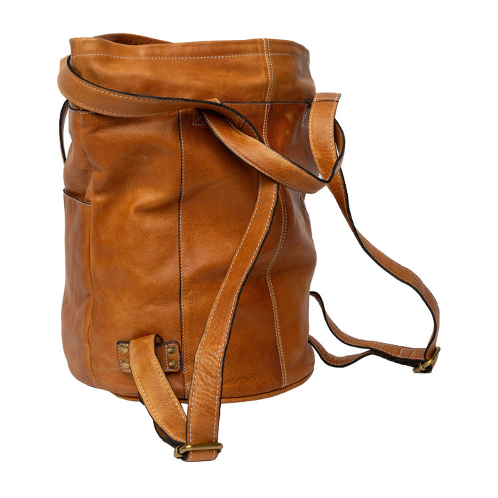 Handcrafted burned tan Project 24 Backpack in 100% leather with multiple pockets, ideal for knitters.