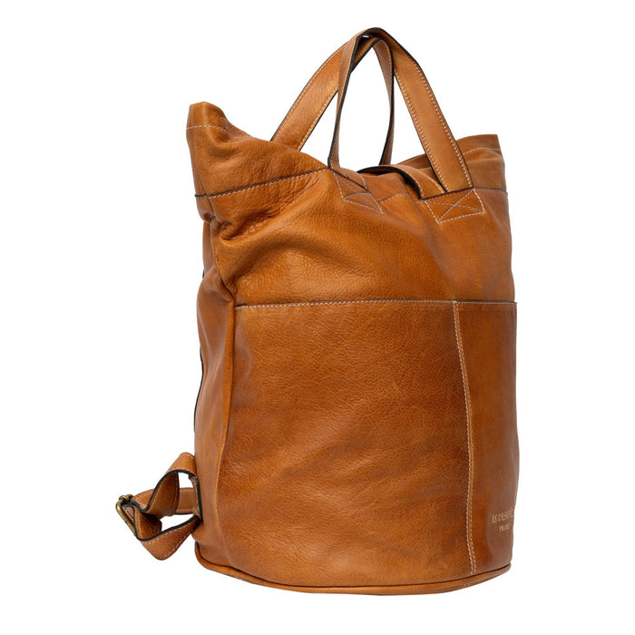 Burned tan Project 24 Backpack, handcrafted leather with multiple pockets for organization, ideal for knitters.