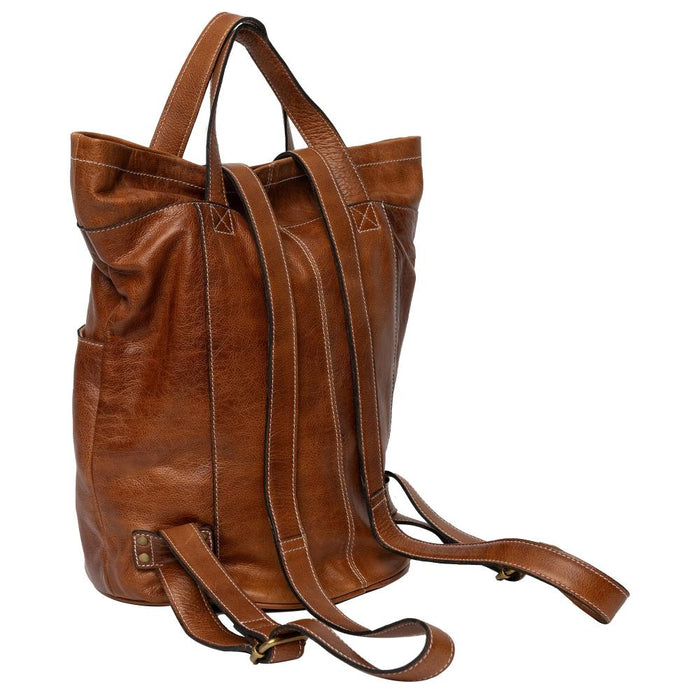 Knitting bag in walnut leather with multiple pockets and spacious main compartment for organized storage.