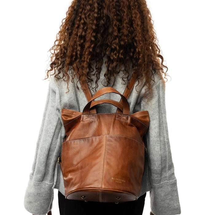 Knitting Bag - Handcrafted walnut leather backpack with spacious compartments and multiple pockets for knitting essentials.