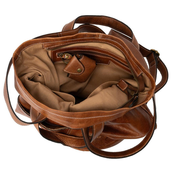 Knitting bag in walnut leather with spacious main compartment and multiple interior pockets for organization.
