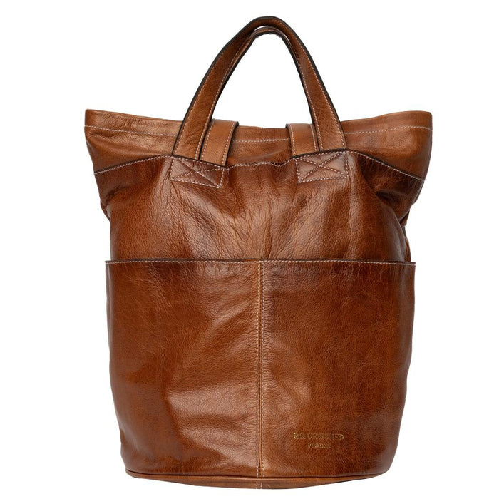 Knitting bag in walnut leather with multiple pockets for yarn and accessories.