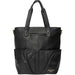 Black leather knitting bag with shoulder handles, crossbody strap, and multiple pockets for organizing crafting essentials.