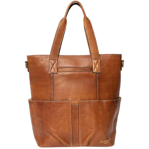 Walnut leather knitting bag with shoulder handles, crossbody strap, and multiple pockets for accessories.