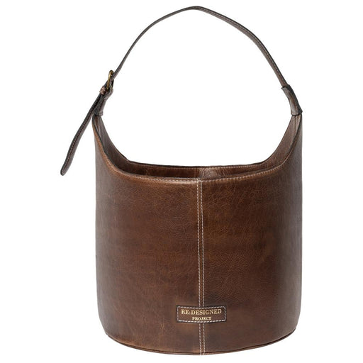 Small leather bucket bag for knitting, woodsmoke color, stylish and practical design.