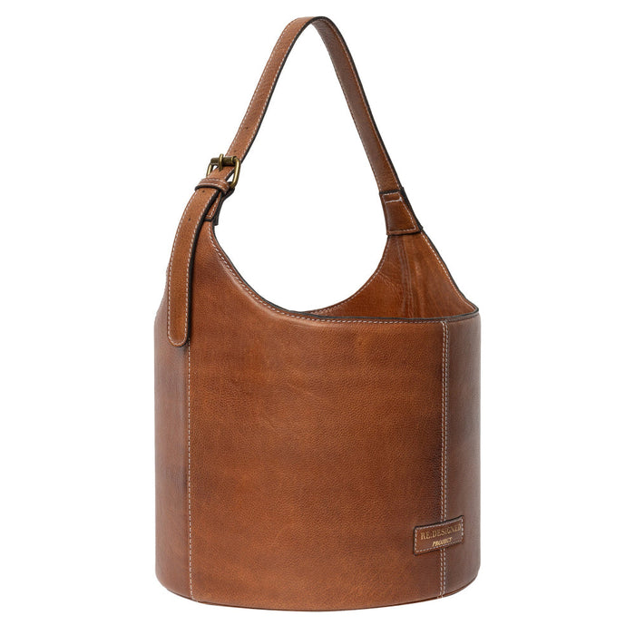 Small leather bucket bag in walnut with handle, ideal for stylish storage.