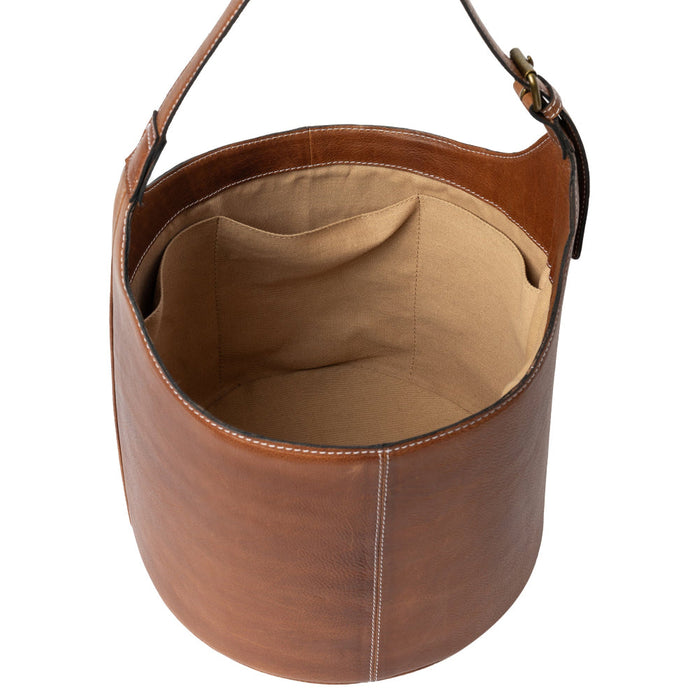 Small leather bucket bag in walnut, featuring a sturdy structure and comfortable handle for portability.