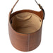 Small leather bucket bag in walnut, featuring a sturdy structure and comfortable handle for portability.