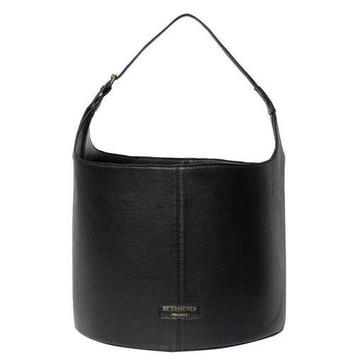 Black leather knitting bucket bag with sturdy structure and comfortable handle.