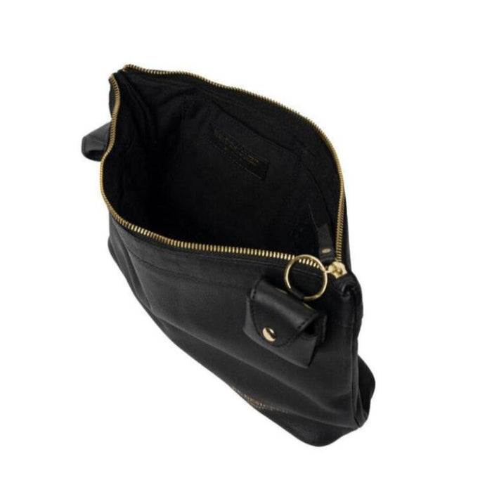 Black and gold leather knitting bag with zipper and side handle, features open pockets and keyring for accessories.