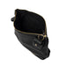 Black and gold leather knitting bag with zipper and side handle, features open pockets and keyring for accessories.