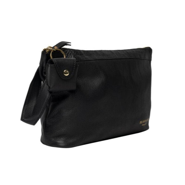 Black and gold handcrafted leather knitting bag with zipper closure and side handle.
