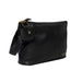 Black and gold handcrafted leather knitting bag with zipper closure and side handle.