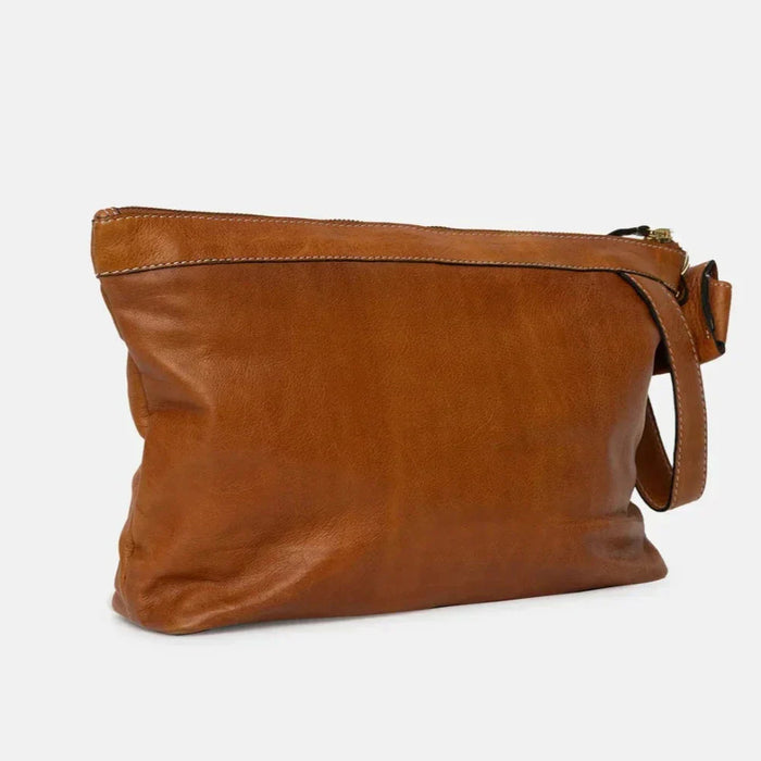 Large burnt tan leather knitting bag with zipper, side handle, and keyring.