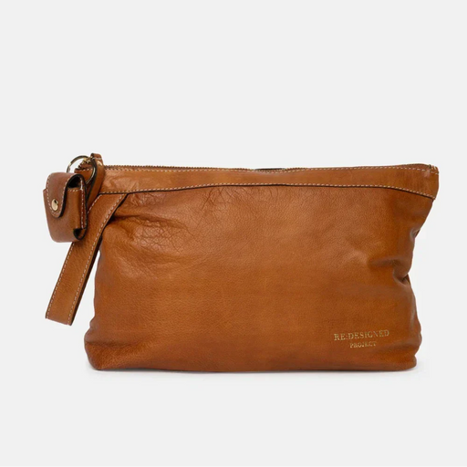 Large burnt tan and gold leather knitting bag with zipper and side handle.