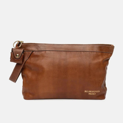 Large leather knitting bag in walnut/gold with metal zipper and side handle.