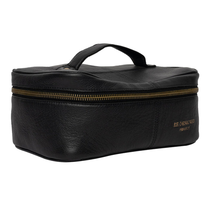 Black leather knitting project bag with zippered compartment and inside pockets.