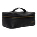 Black leather knitting project bag with zippered compartment and inside pockets.