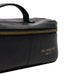 Black leather knitting project bag with zippered compartment and handle.
