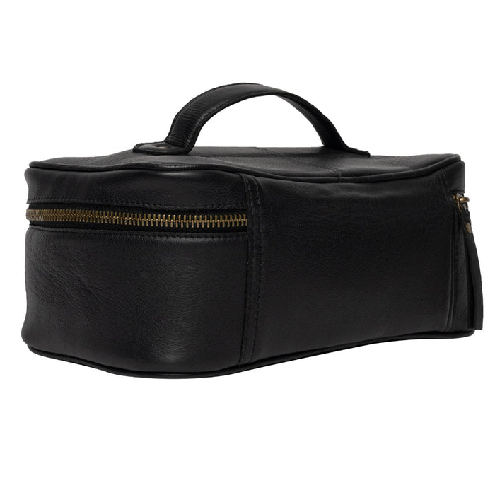 Black leather Project 32 knitting bag with zippered compartment and handle.