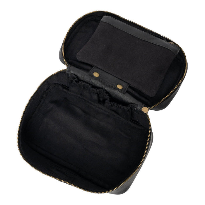 Black leather knitting project bag with spacious zippered compartment and inside pockets.