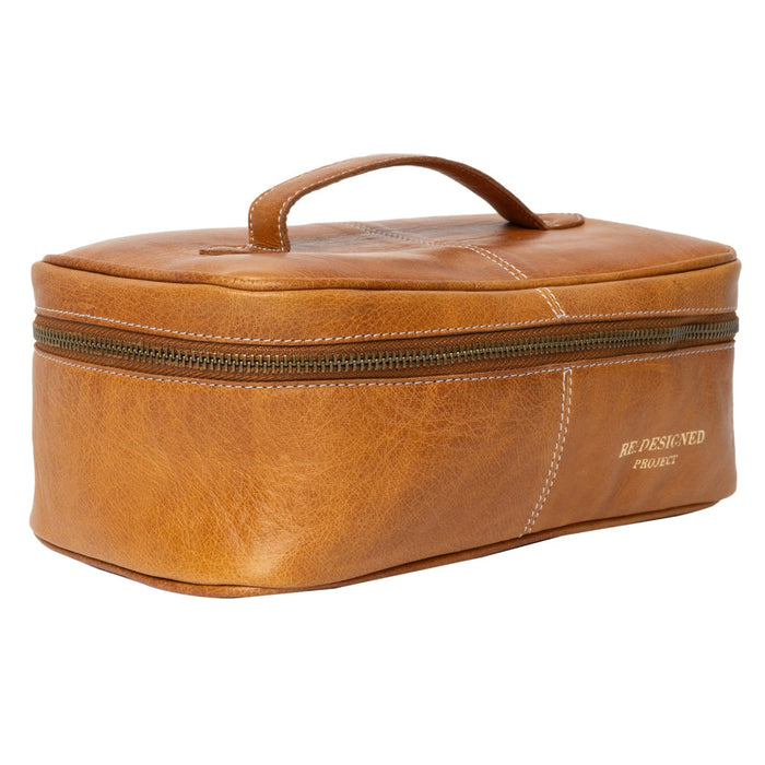 Leather knitting project bag with zippered compartment and handle, burned tan color.