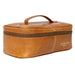 Leather knitting project bag with zippered compartment and handle, burned tan color.