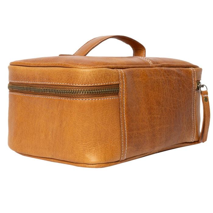 Leather knitting project bag in burned tan with zippered compartment and handle.