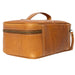Leather knitting project bag in burned tan with zippered compartment and handle.