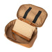 Knitting bag with tan leather, spacious zippered compartment, and inside pockets for organizing tools.