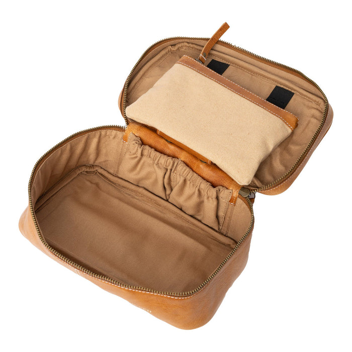 Knitting project bag in burned tan with zippered compartment and removable pouch, handcrafted from 100% leather.