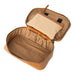 Knitting project bag in burned tan with zippered compartment and removable pouch, handcrafted from 100% leather.