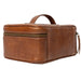 Handcrafted leather knitting project bag in walnut with spacious zippered compartment and additional inside pockets.