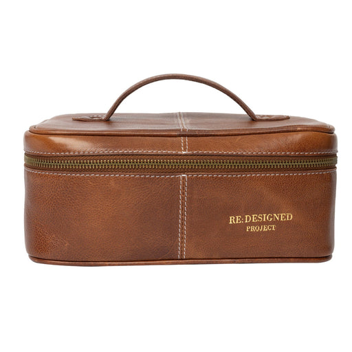 Leather knitting project bag with handle and zip, ideal for organizing knitting tools and yarn.
