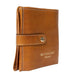 Burned tan and gold leather knitting bag case with snap closure.