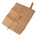 Knitting bag with brown leather, multiple pockets, and zip compartment.