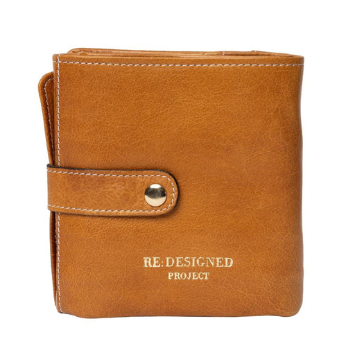 Leather knitting bag with snap closure in burned tan and gold, featuring 14 small pockets and a large zip pocket with compartments.