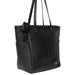 Black leather knitting bag with shoulder handles, handcrafted with compartments, metal zipper, and keyring.
